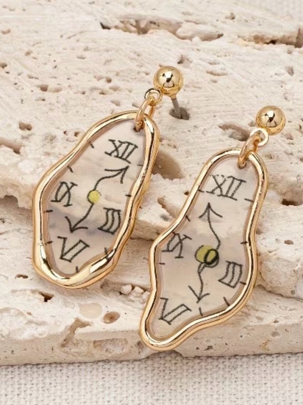 Gold Frame Surreal Clock Face Drop Earrings - Women's Jewelry
